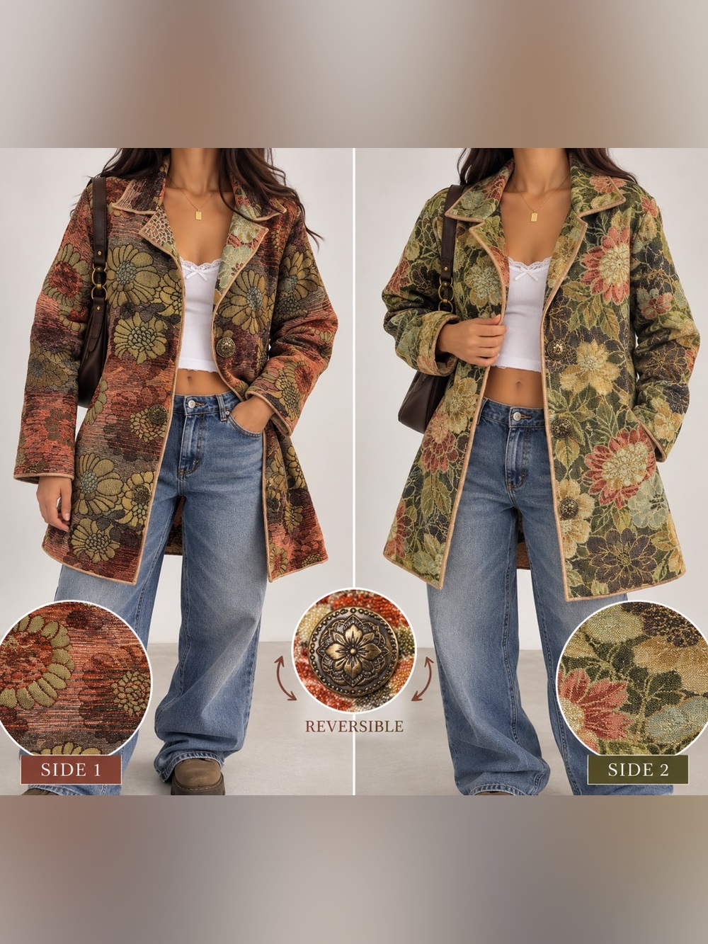 NWT Zashi Reversible Floral Tapestry Jacket Coat Size M Boho Y2K